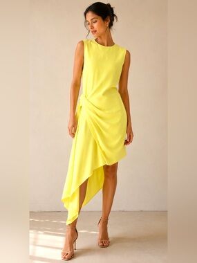 NWOT Other Stories Savoir Butter Yellow Asymmetric Draped Cocktail Dress US10